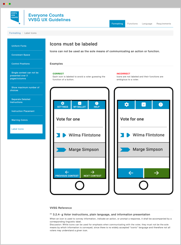 VVSG UX Guidelines - Formatting - icons must be labled 
